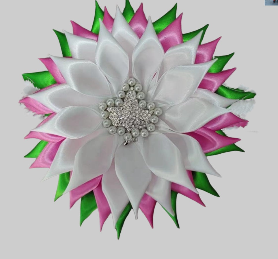 AKA Satin Pearl White Pink Green brooch