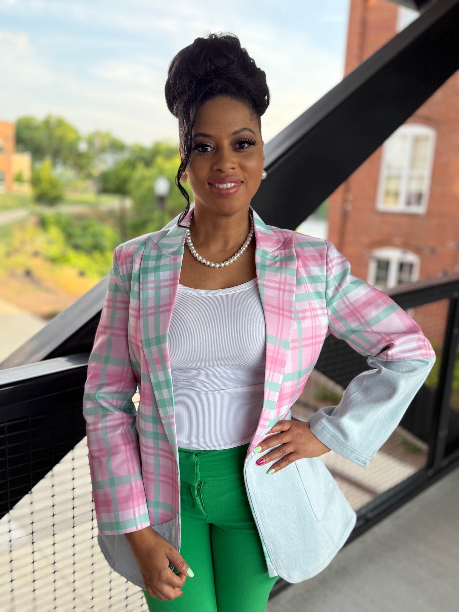 Pink & Green Plaid Denim Blazer
