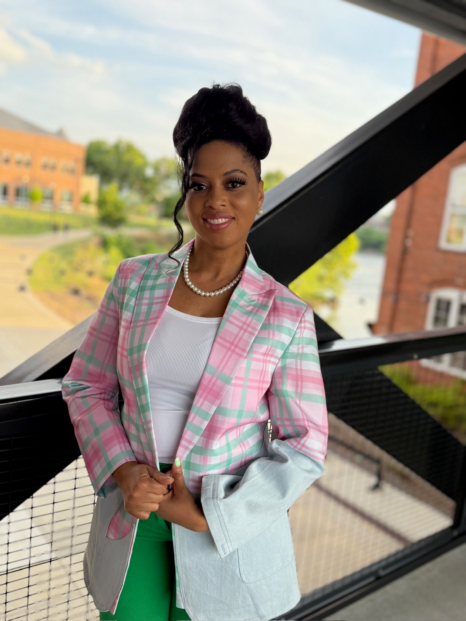 Pink & Green Plaid Denim Blazer
