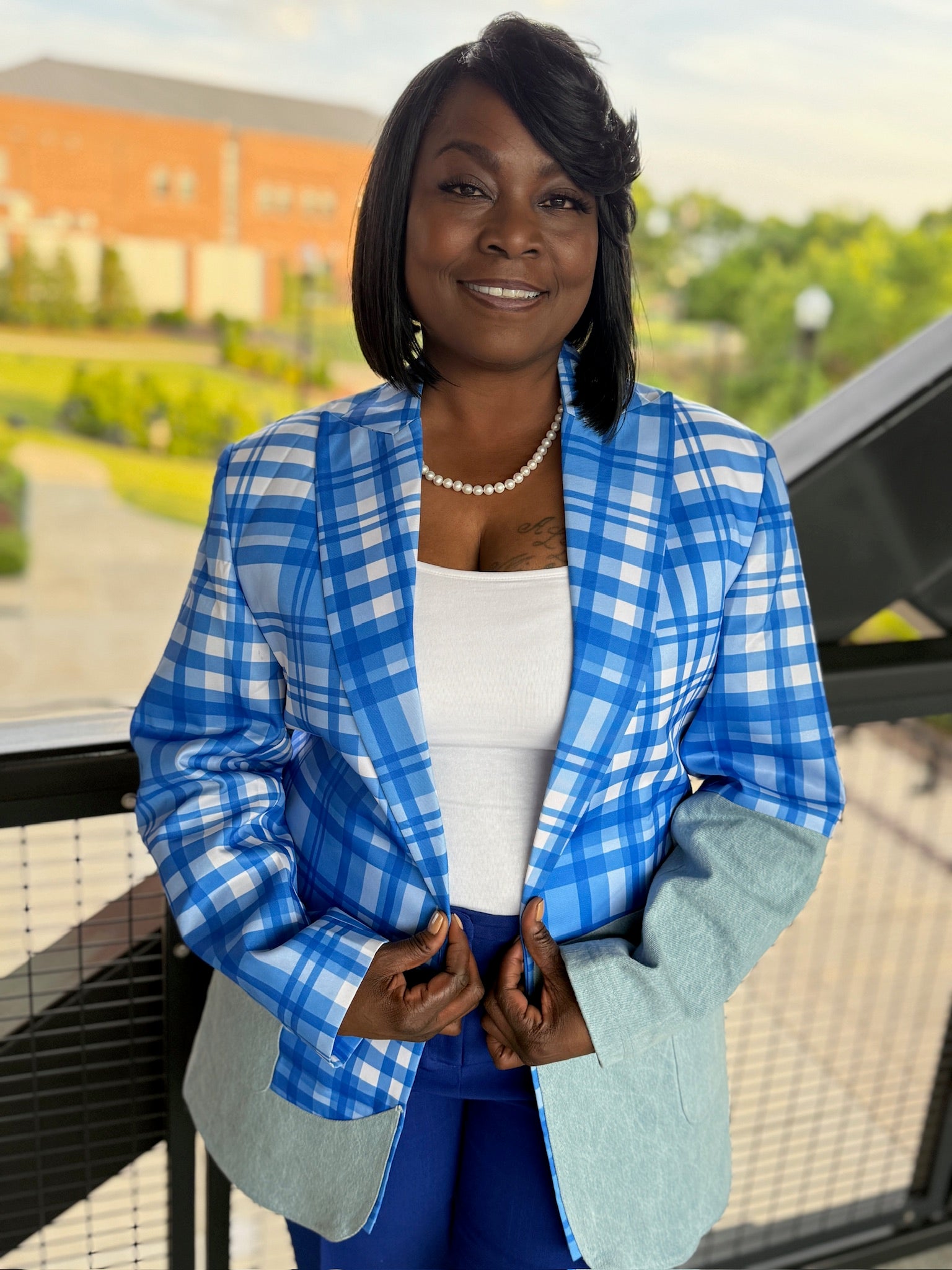 Blue and White Plaid Denim Blazer