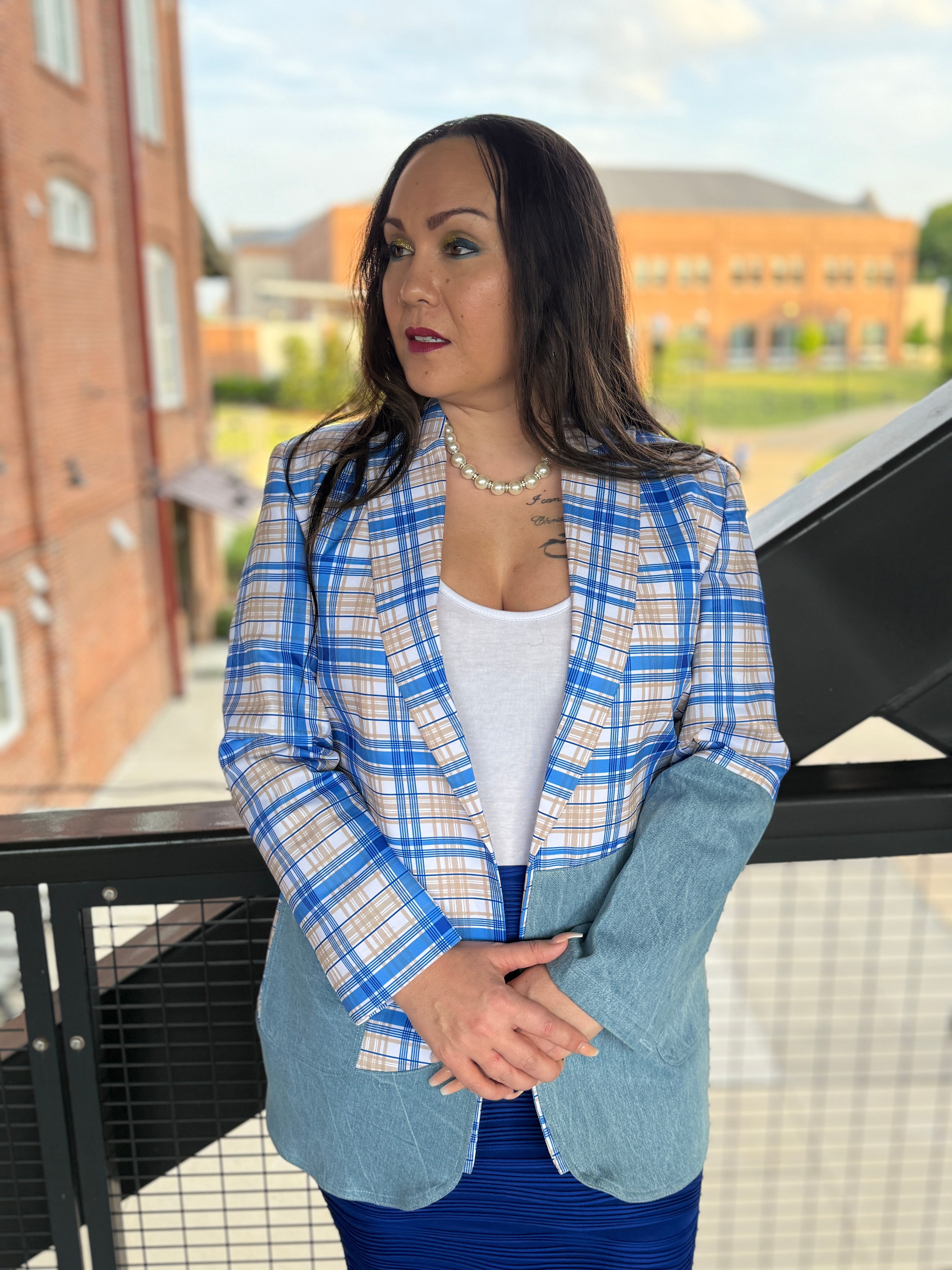 Gold and Blue Plaid Denim Blazer