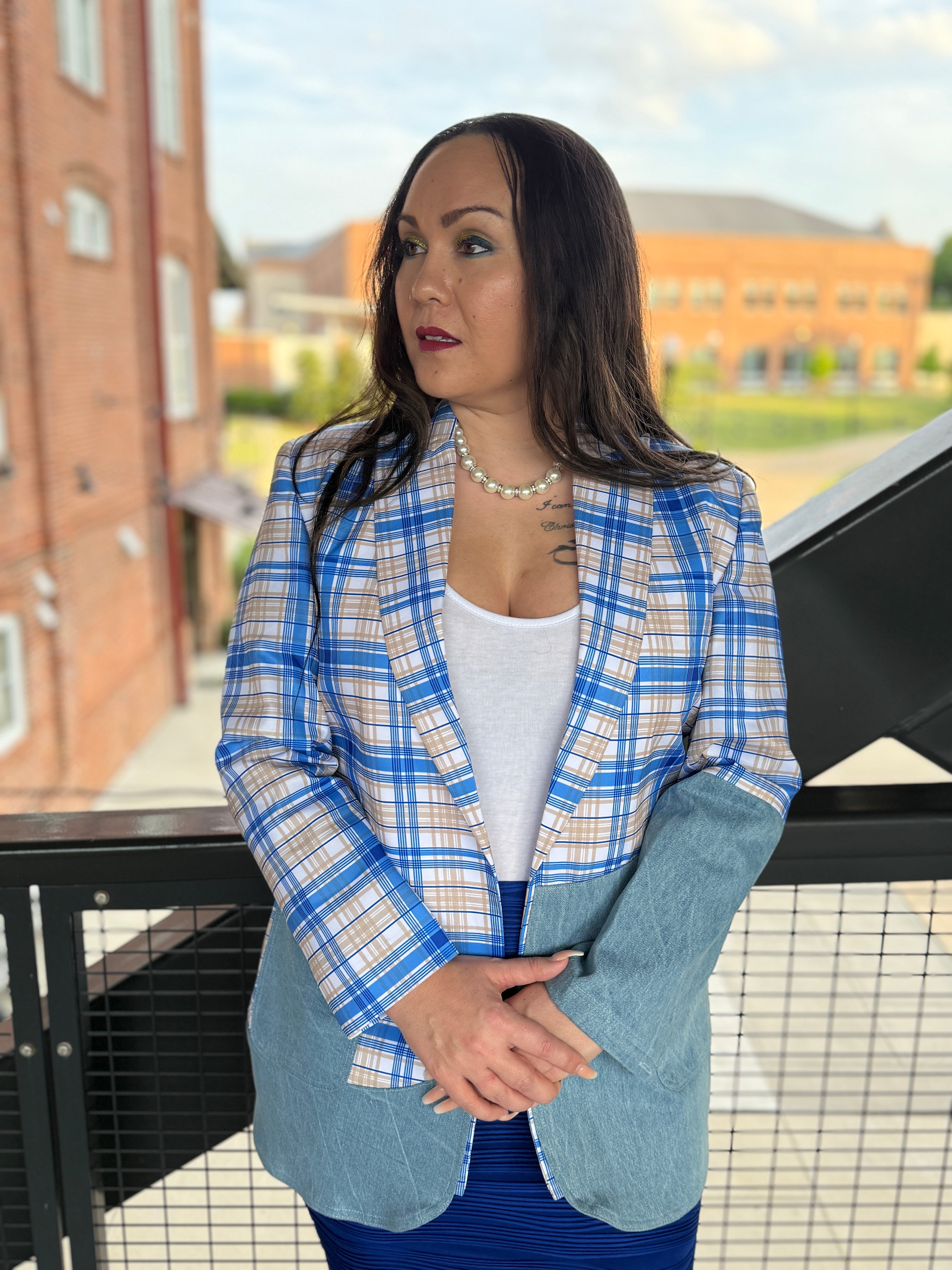 Gold and Blue Plaid Denim Blazer
