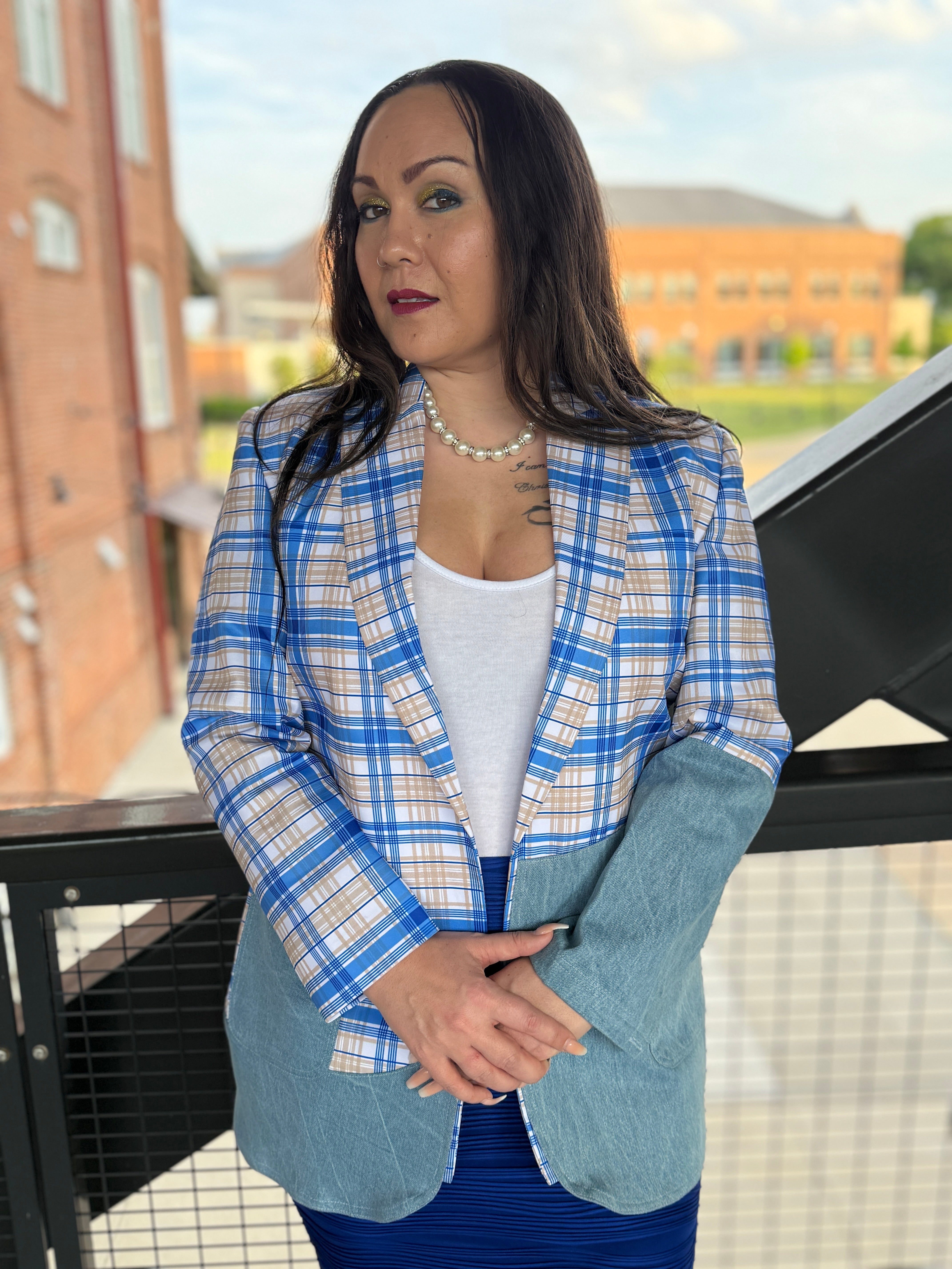 Gold and Blue Plaid Denim Blazer