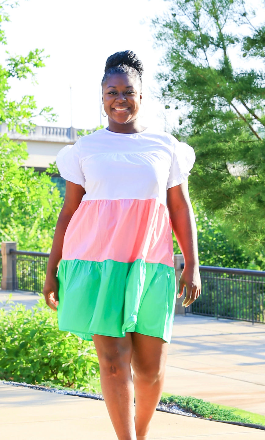 Pink/Green-Color Block Fluttered Sleeve Dress FINAL SALE NO EXCHANGES FOR REFUNDS