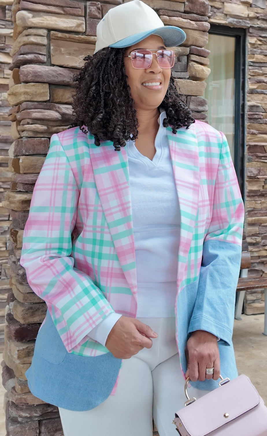 Pink & Green Plaid Denim Blazer