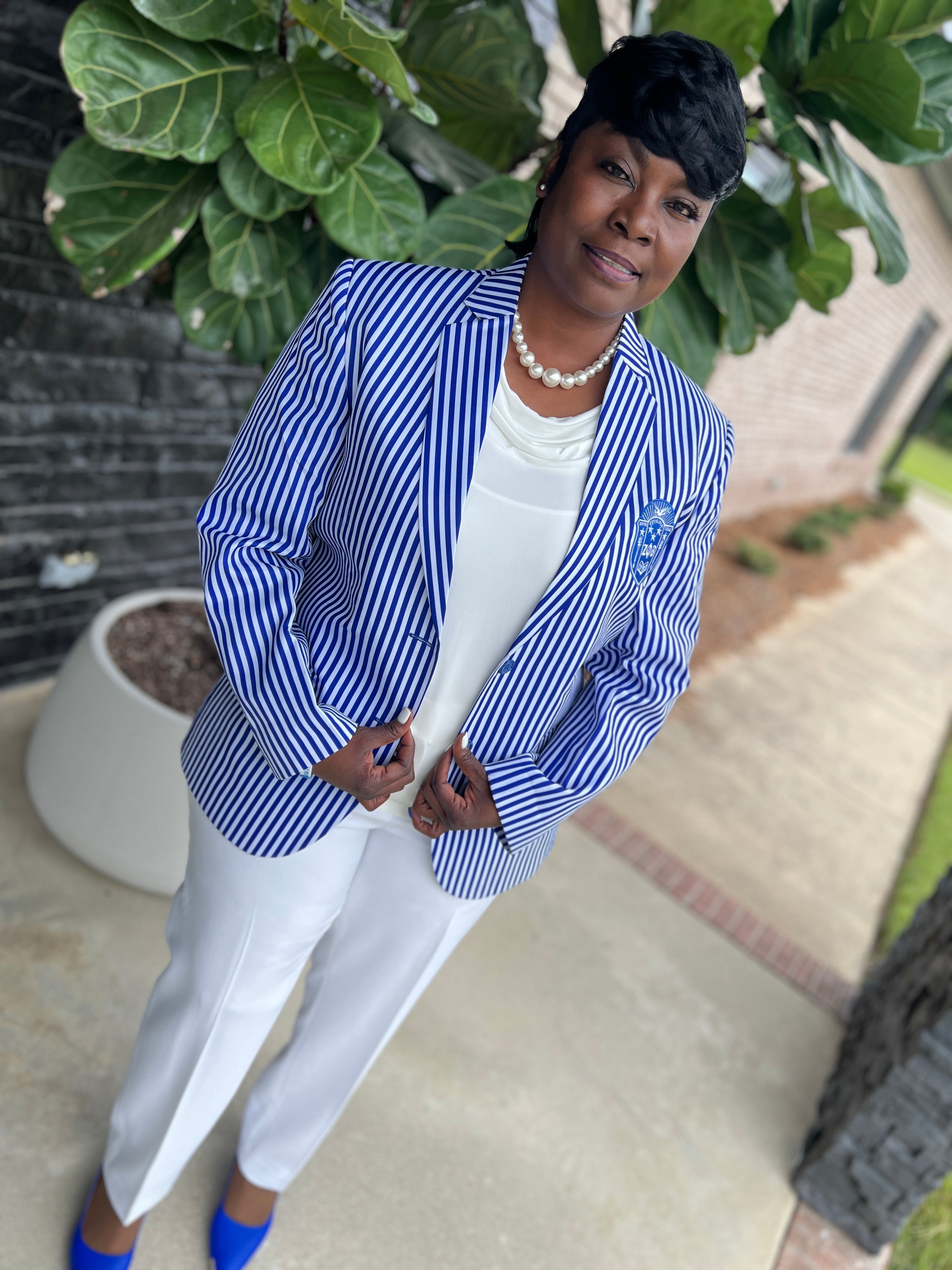 Blue and white striped blazer sale