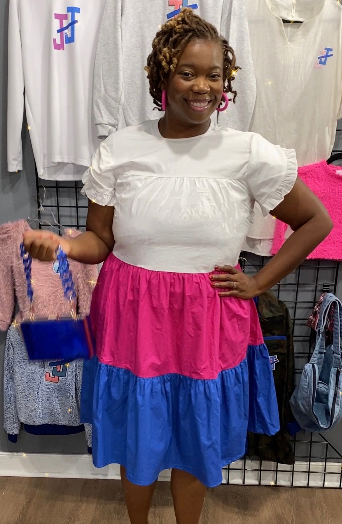 Color Block Fluttered Sleeve Dress- Pink/Blue FINAL SALE NO EXCHANGES FOR REFUNDS
