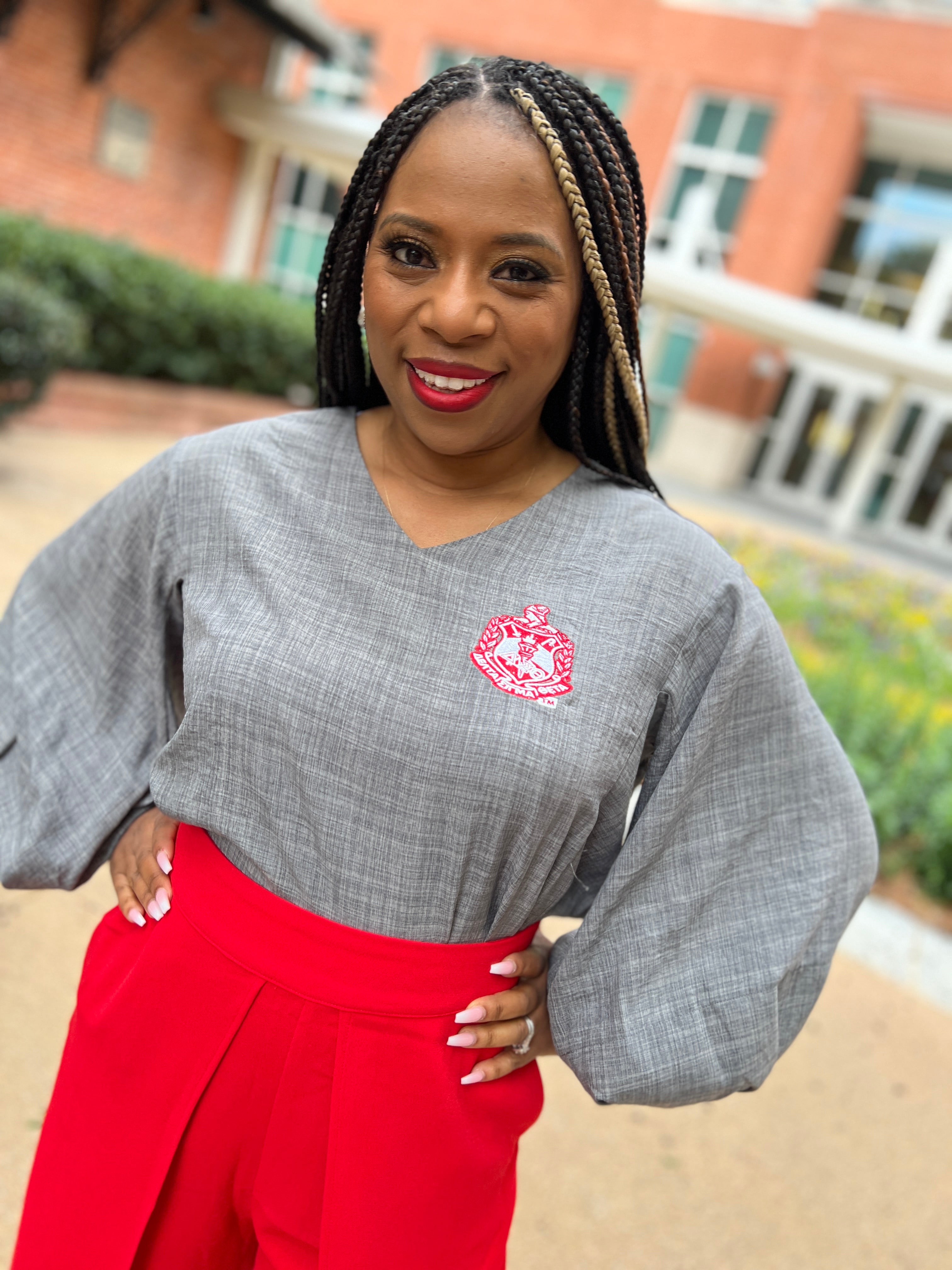 Bubble Sleeve V neck blouse- Delta Sigma Theta