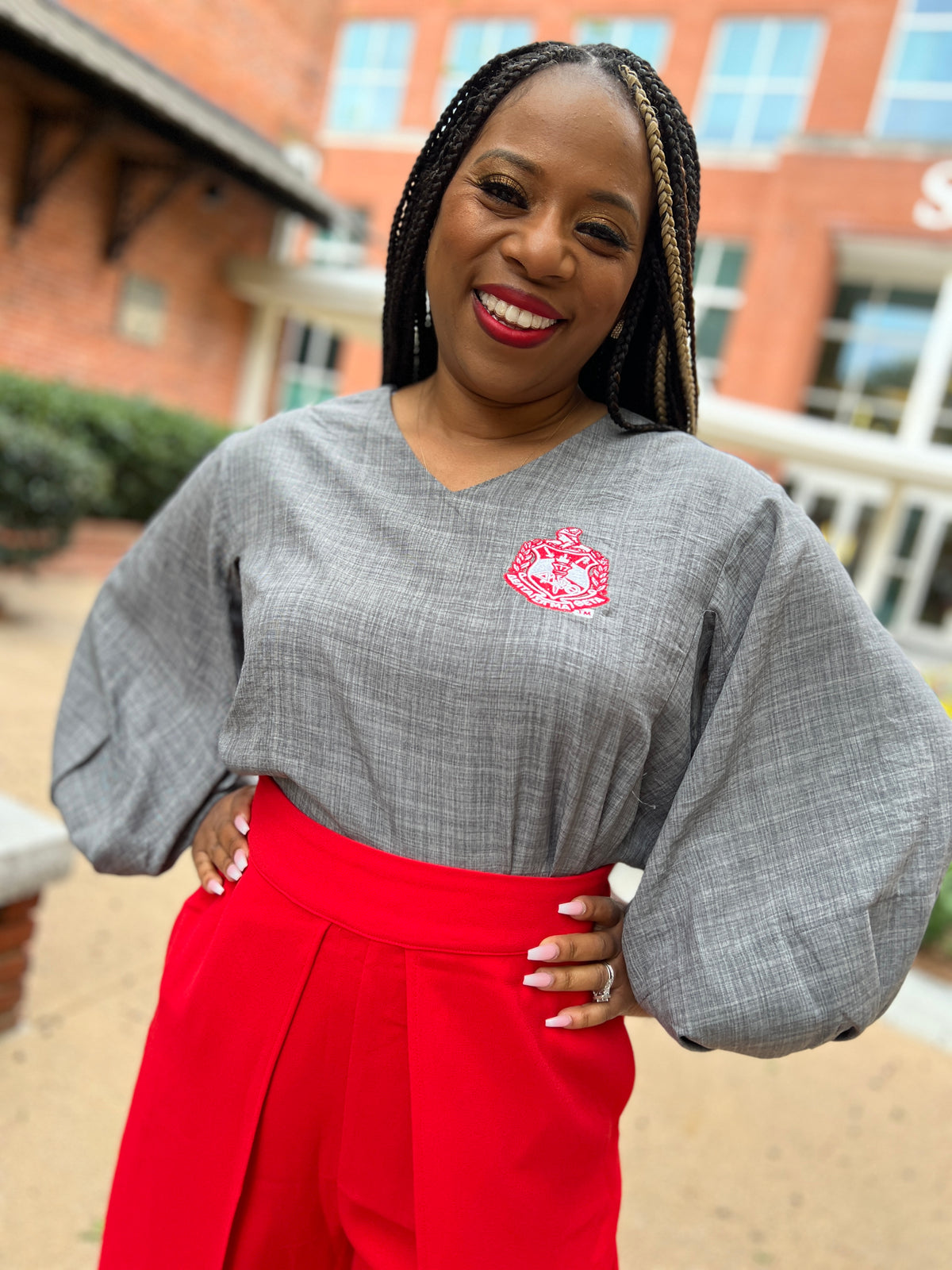 Bubble Sleeve V neck blouse- Delta Sigma Theta