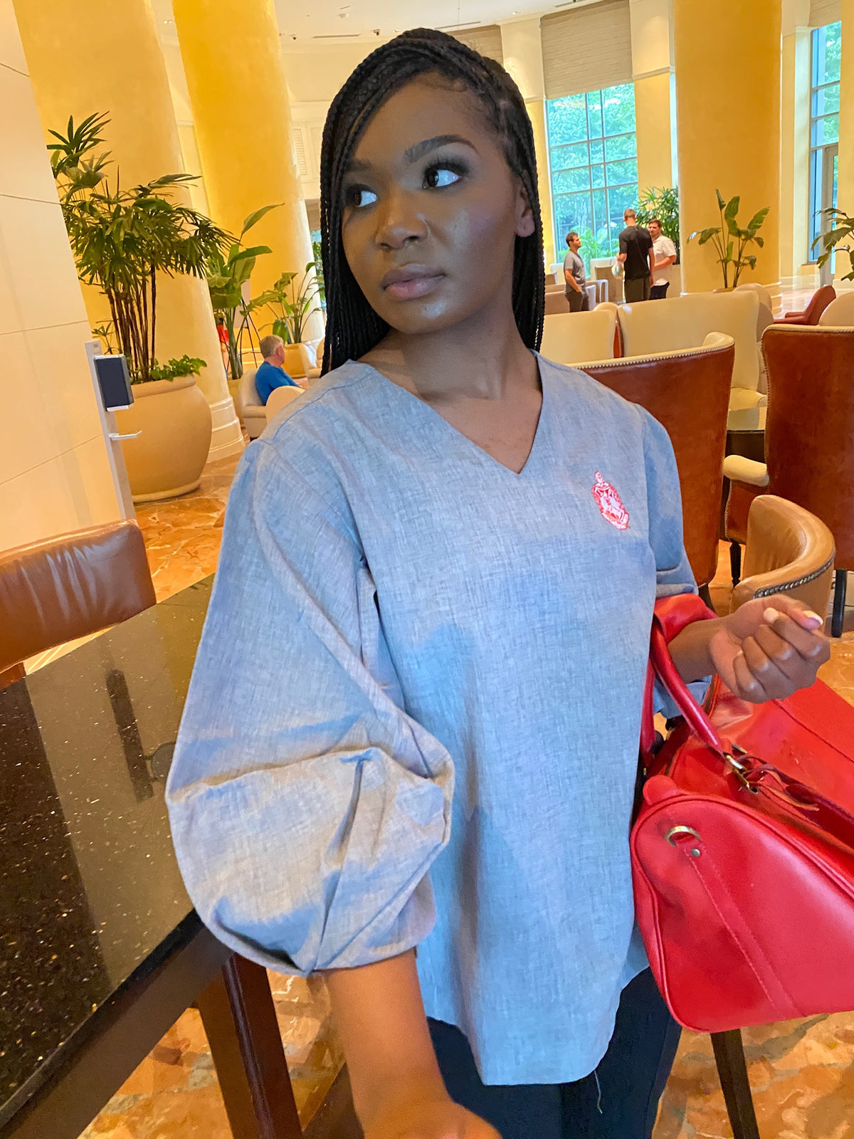 Bubble Sleeve V neck blouse- Delta Sigma Theta