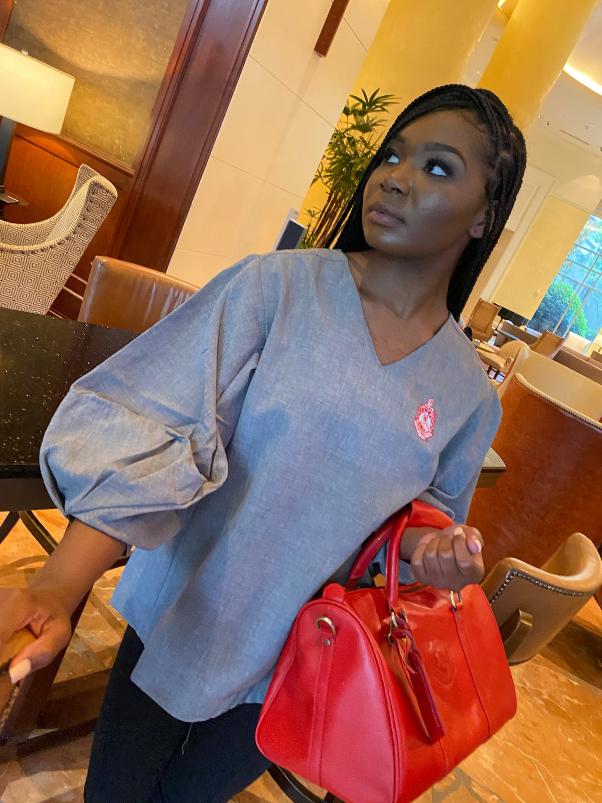 Bubble Sleeve V neck blouse- Delta Sigma Theta