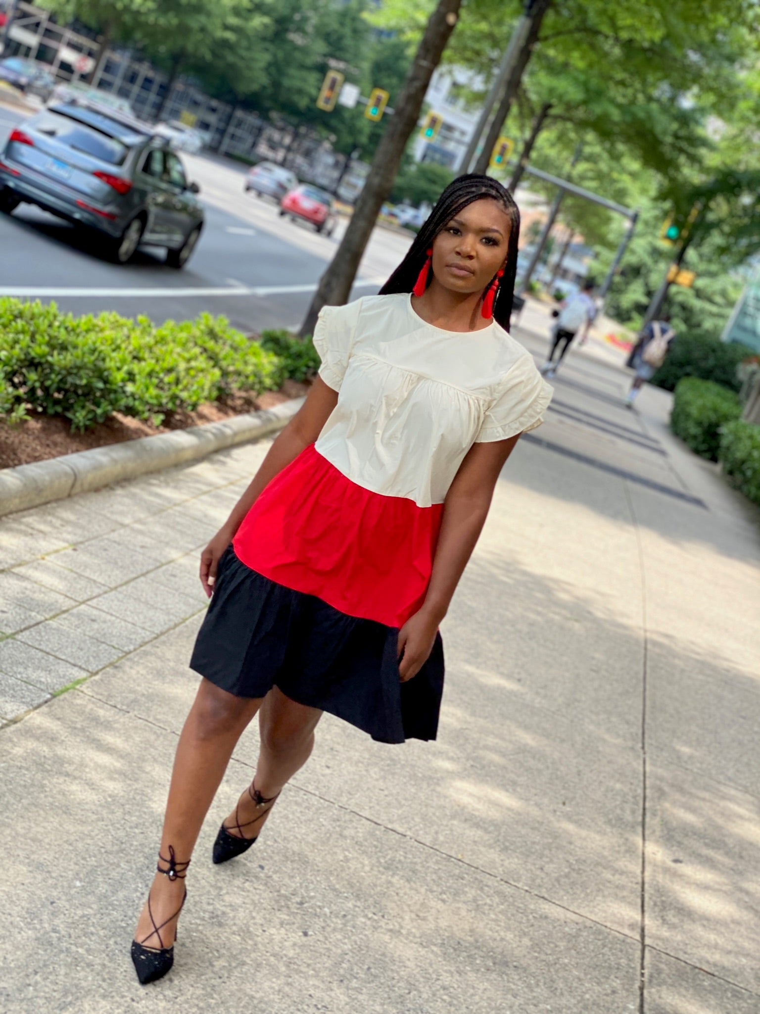 Color Block Fluttered Sleeve Dress- Red/Black FINAL SALE NO EXCHANGES FOR REFUNDS