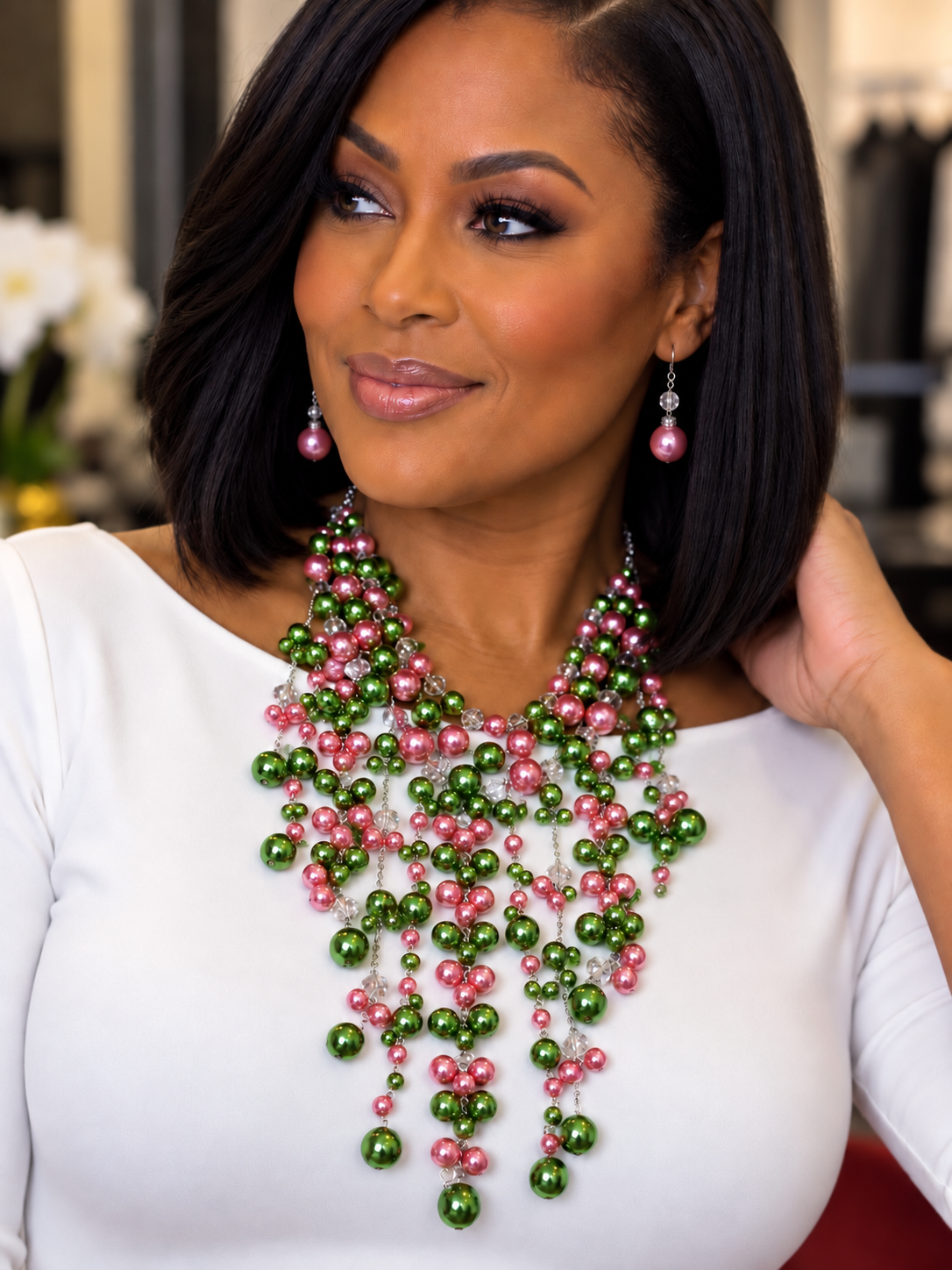 CASCADING PINK AND GREEN PEARL NECKLACE