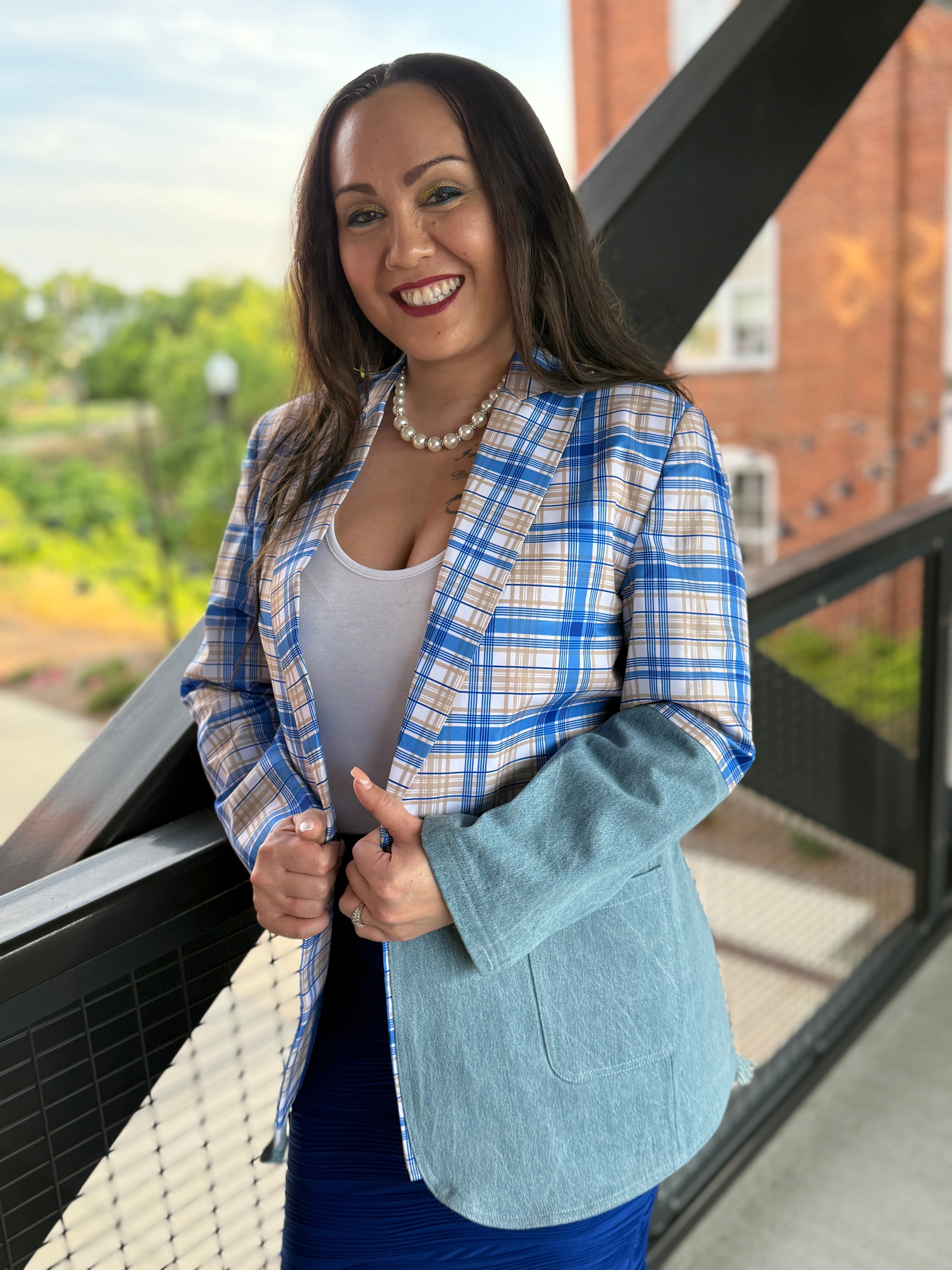 Gold and Blue Plaid Denim Blazer