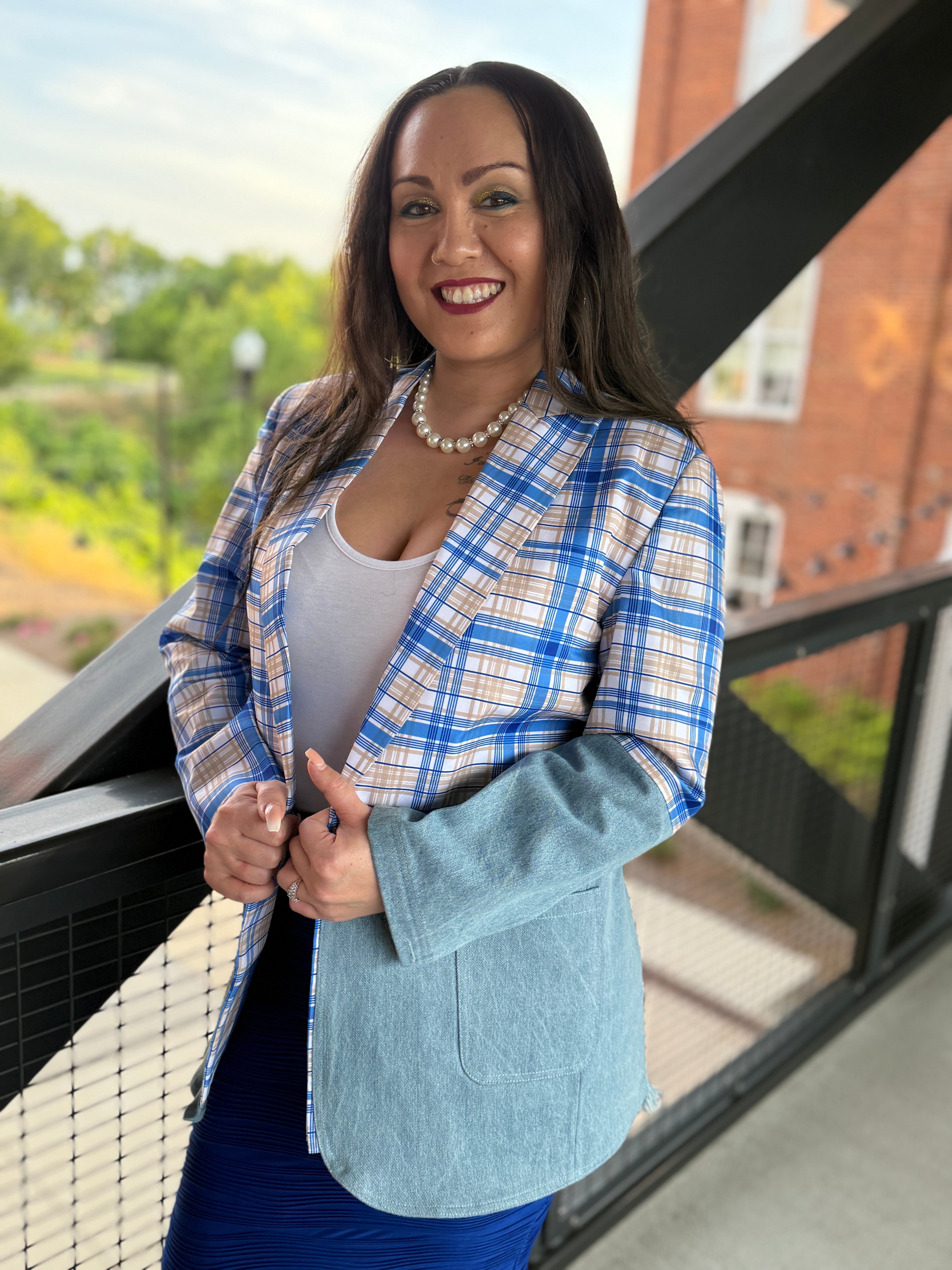 Gold and Blue Plaid Denim Blazer