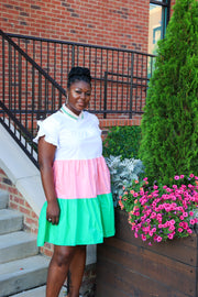 Color Block Fluttered Sleeve Dress- Pink/Green