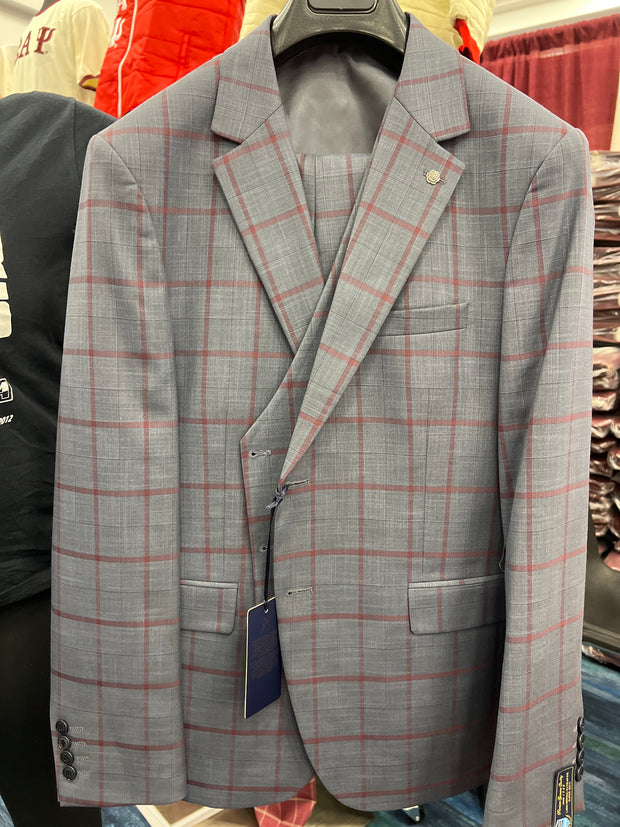 KAPPA Grey/Krimson Plaid Suit - 3pc suit