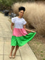 Pink/Green-Color Block Fluttered Sleeve Dress