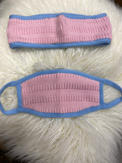 Blue and Pink Trim -Knit Headband and Mask Set-Final Sale