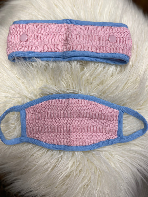 Blue and Pink Trim -Knit Headband and Mask Set-Final Sale