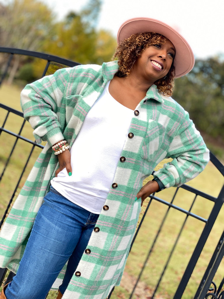 Pink and Green plaid flannel Shacket – Believe Accessories Inc.