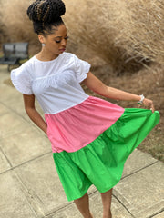 Pink/Green-Color Block Fluttered Sleeve Dress